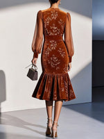 Elegant Floral Print Velvet Midi Dress