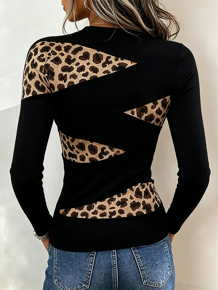 Trendy Stretchy Leopard-print Spliced Top