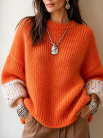 Vibrant Orange Contrast Speckled Cuffs Chic Oversized Knit Sweater
