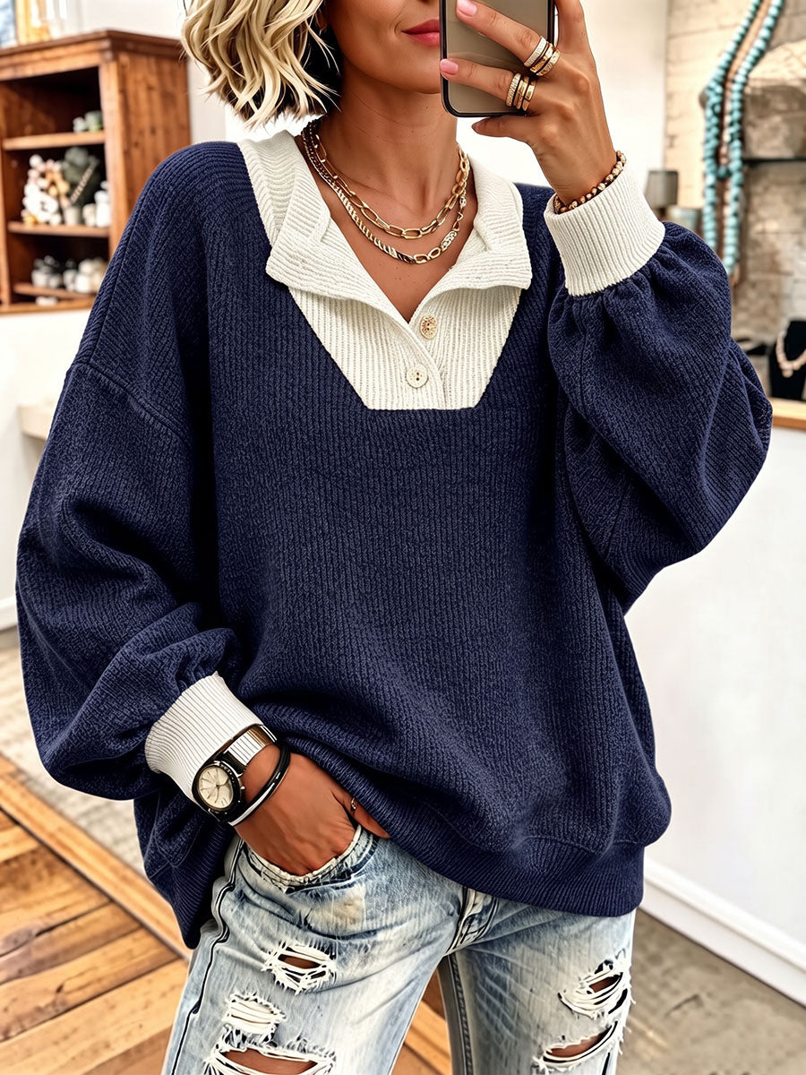 Cozy Contrast Polo Collar Sweater