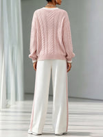 Two-piece Set Featuring A Casual Cable-knit V-neck Sweater With Color-contrast Trim And Drawstring Cotton Trousers.
