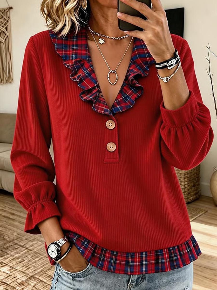 Women's Ribbed Henley Top with Plaid Accents