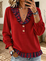 Women's Ribbed Henley Top with Plaid Accents