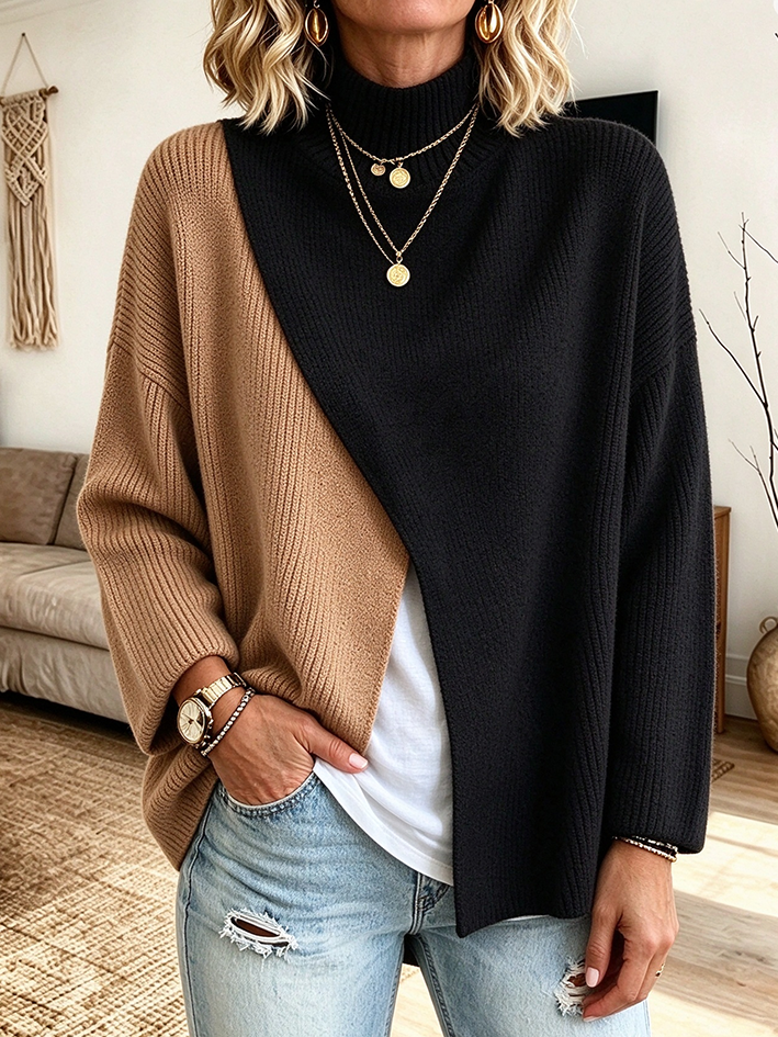 Casual Stylish Colorblock Ribbed Turtleneck Sweater