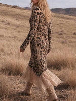 Women's Fuzzy Leopard Print Maxi Dress With Lace Spliced Hem