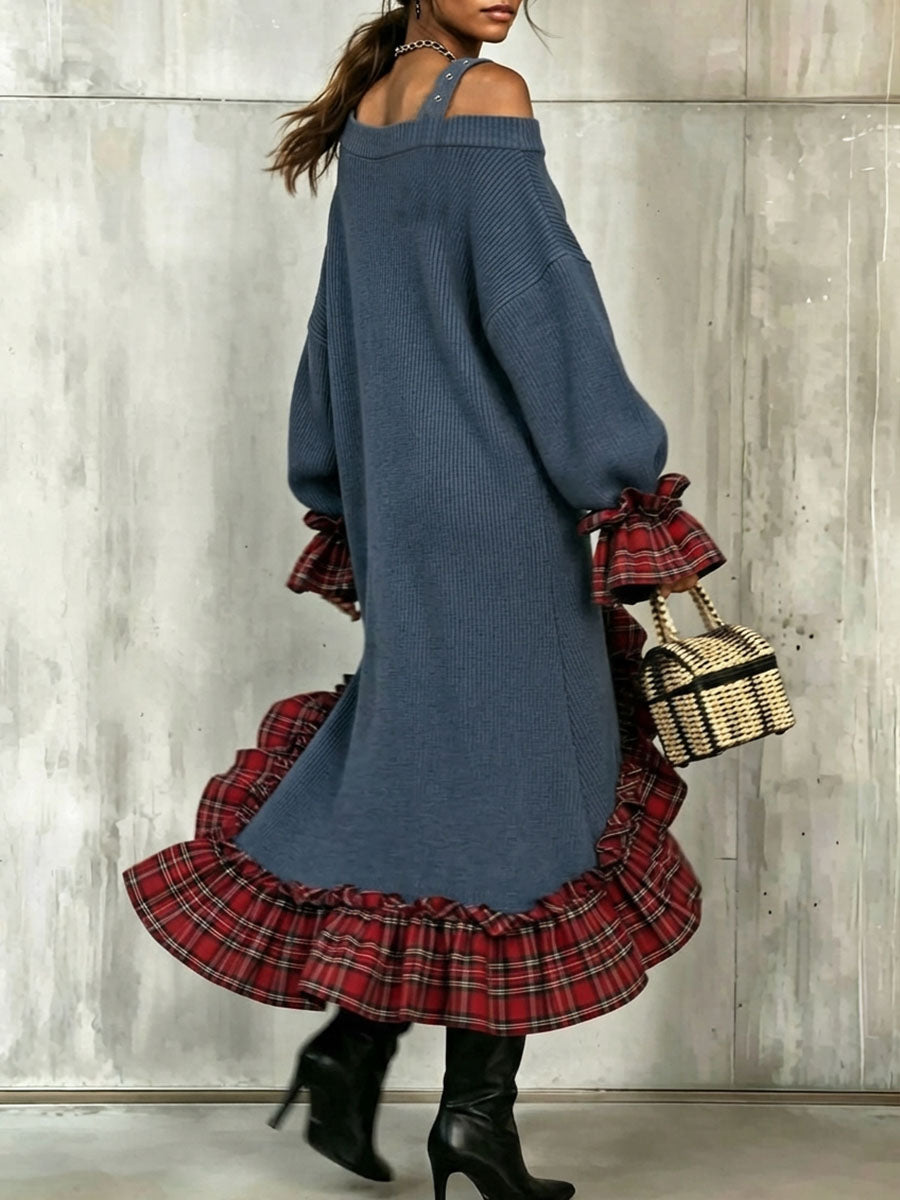 Chic Buckle Strap Plaid Ruffles Patchwork Knit Midi Dress