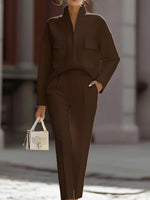 Women's Solid Color Stand Collar Long Sleeve Casual Loose Top And High Waist Casual Straight Leg Pants Cotton Linen Set
