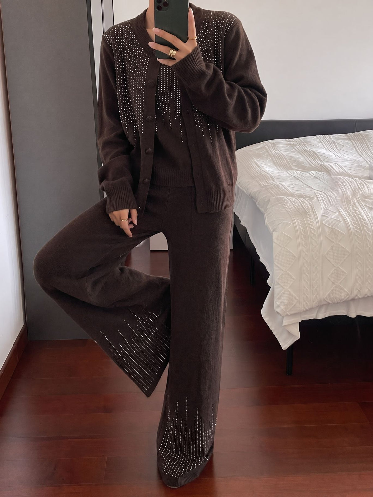 Comfortable Rhinestone Embellished Knit Three-Piece Set