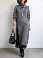 Asymmetric Side-button Turtleneck Cozy Midi Sweater Dress