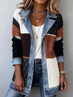 Women's Denim Collared Long-sleeved Printed Patchwork Casual Loose-fitting Jacket