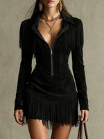 Faux Suede Zip-Up Fringe Western Mini Dress