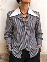 Women's Black And White Striped Blouse With Oversized Contrast Collar And Tie Detail