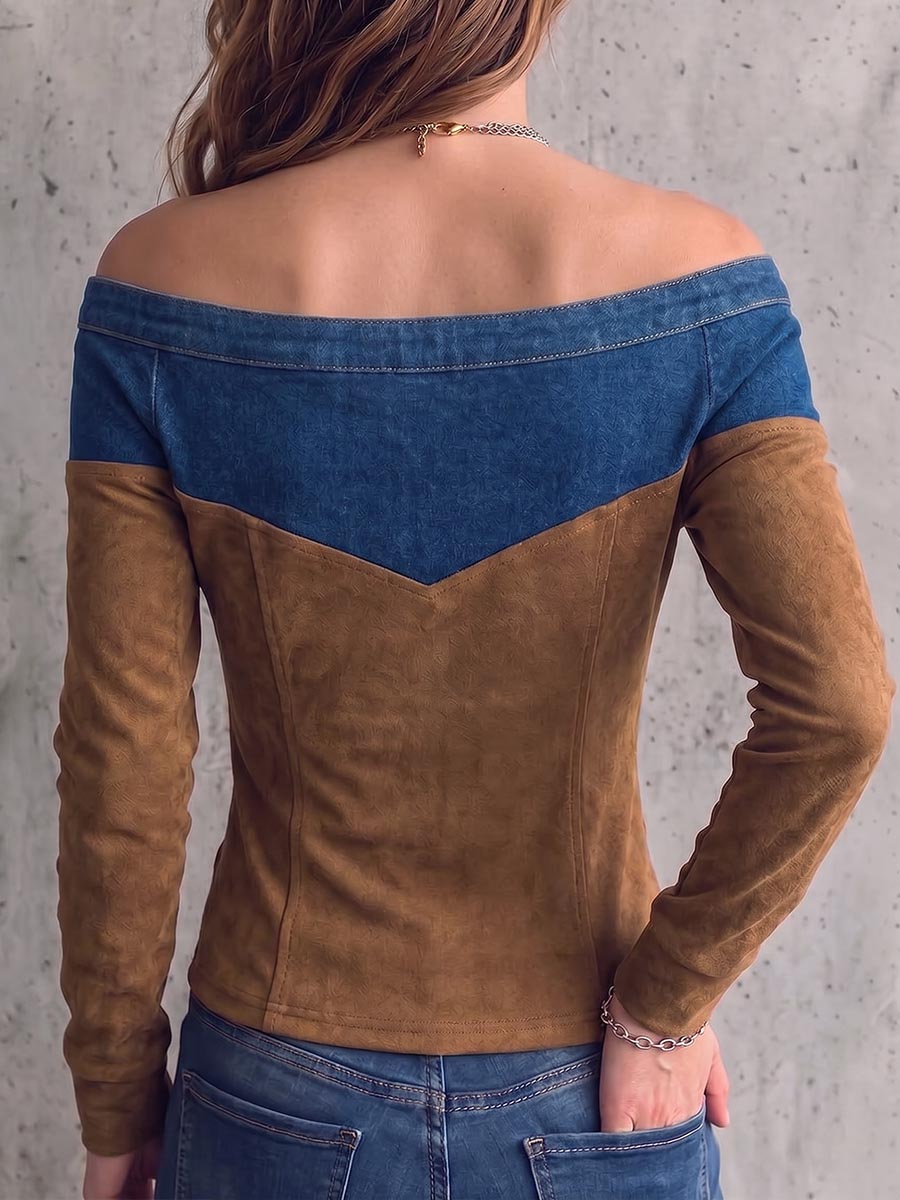 Women's Hollow-out Denim Off-the-shoulder Patchwork Faux Suede Long-sleeved Casual Loose Top