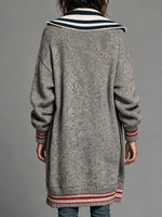 Chic Striped Long-line Knit Cardigan With A Sailor Collar And Zip Fastening.