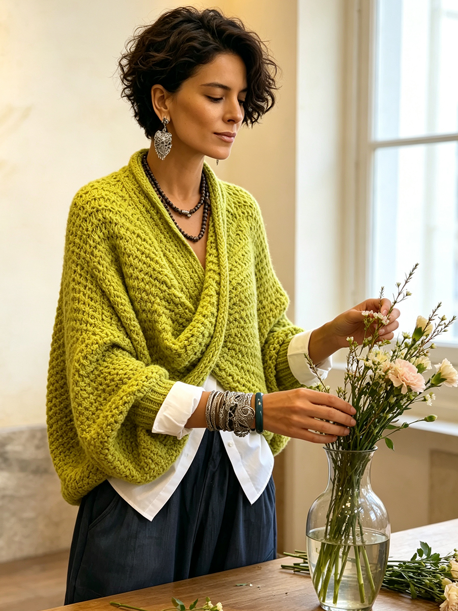 Western Cozy Relaxed Batwing Sleeves Crossover V-neck Sweater