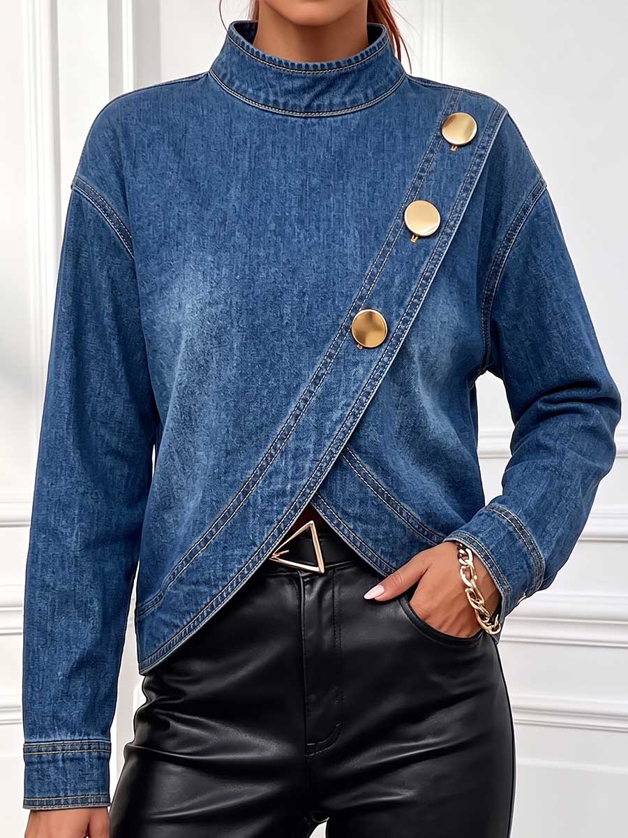 Women's Stand Collar Long Sleeve Casual Loose Denim Top