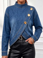 Women's Stand Collar Long Sleeve Casual Loose Denim Top