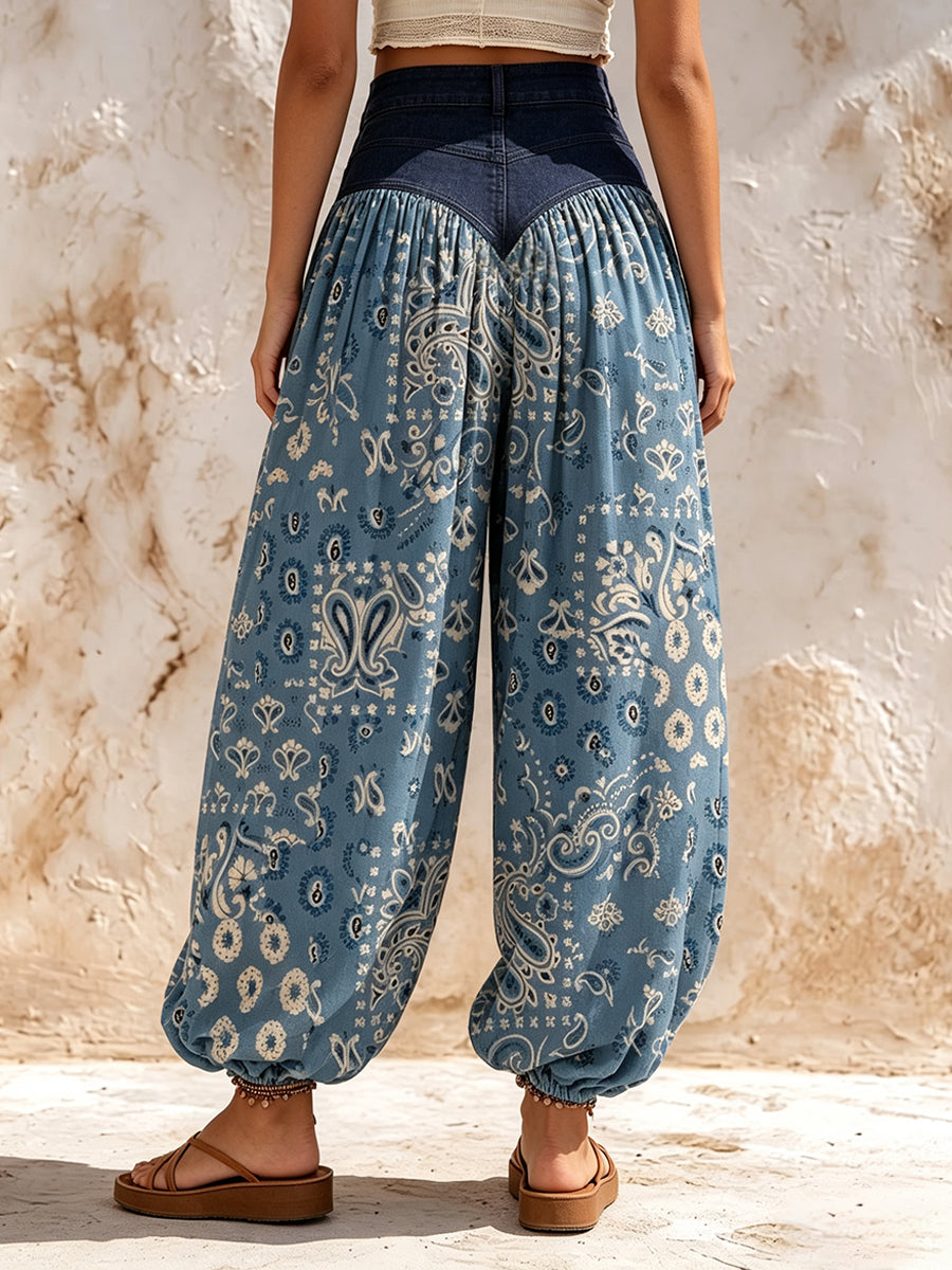 Bohemian-style Patchwork Lantern Pants Featuring Denim And Paisley Patterns.