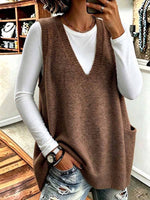 Women's Oversized V-neck Knit Sweater Vest With Pockets