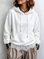 Women's Casual White Pullover Hoodie With Delicate Lace Trim