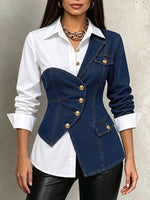Chic Slim-fit Shirt Featuring A Mix Of Denim And Woven Fabrics.