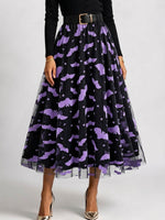 Polyester Women's High-waisted Casual Loose Halloween-themed Flocked Print Mesh A-line Skirt