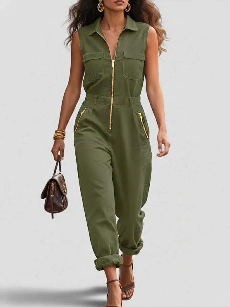 Fashionable And Casual Zippered Sleeveless Cotton Jumpsuit