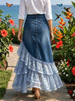 Elegant And Romantic Paneled Lace-and-denim Skirt
