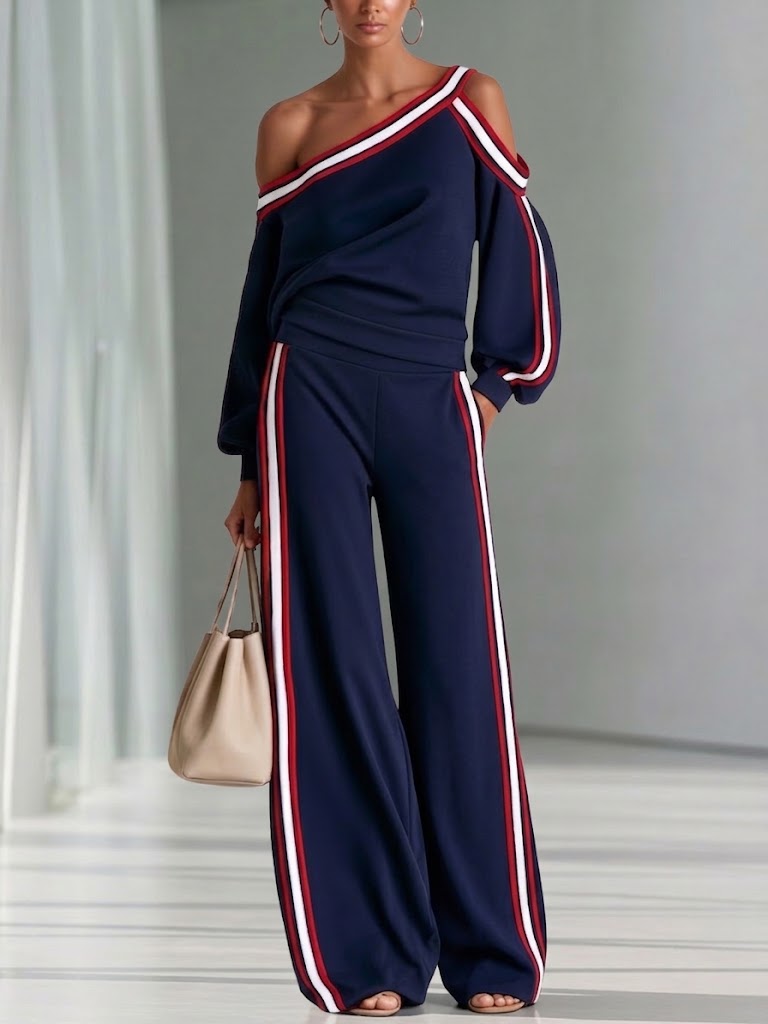 Stylish Casual Off-shoulder Striped-trim Sweatshirt And Pants Two-piece Set