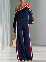 Stylish Casual Off-shoulder Striped-trim Sweatshirt And Pants Two-piece Set