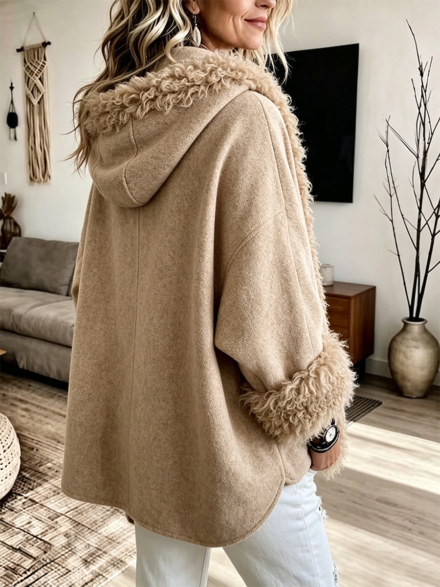 Cozy Shearling-Trimmed Hooded Cape Jacket