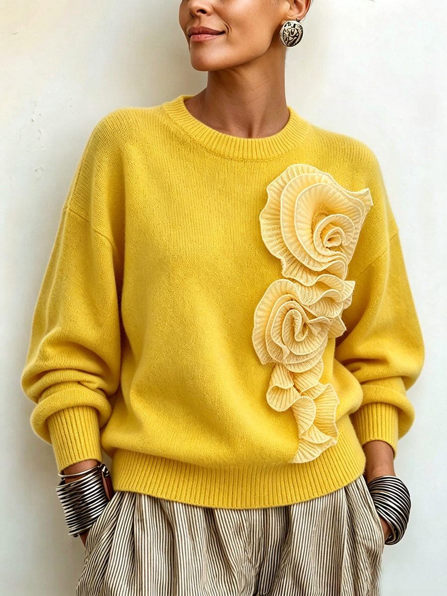 Chic Yellow Knitted 3d Floral Sweater