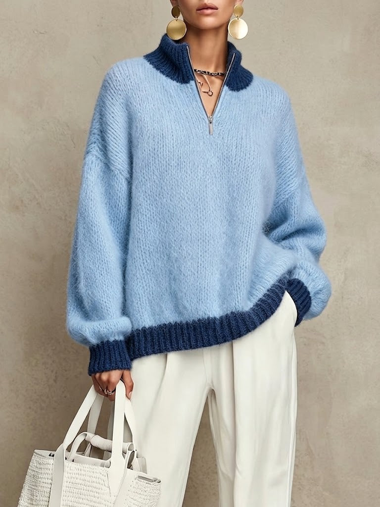 Color‑block Half‑zip Mock Neck Oversized Knit Sweater