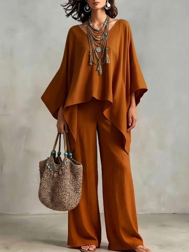Loose-fit Solid-color Set With A Round Neck And Asymmetrical Design.