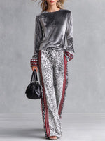 Women's Leopard Print Wide Leg Pants With Red Side Stripes