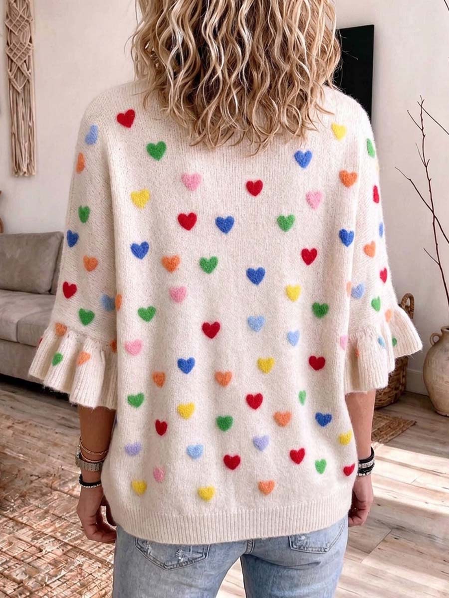 Women's Cute Colorful 3D Heart Pattern Knit Sweater