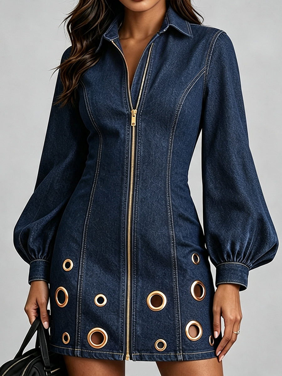 Women's Long-sleeve, Loose-fit Casual Denim Dress Featuring Metal Eyelets And A Zipper