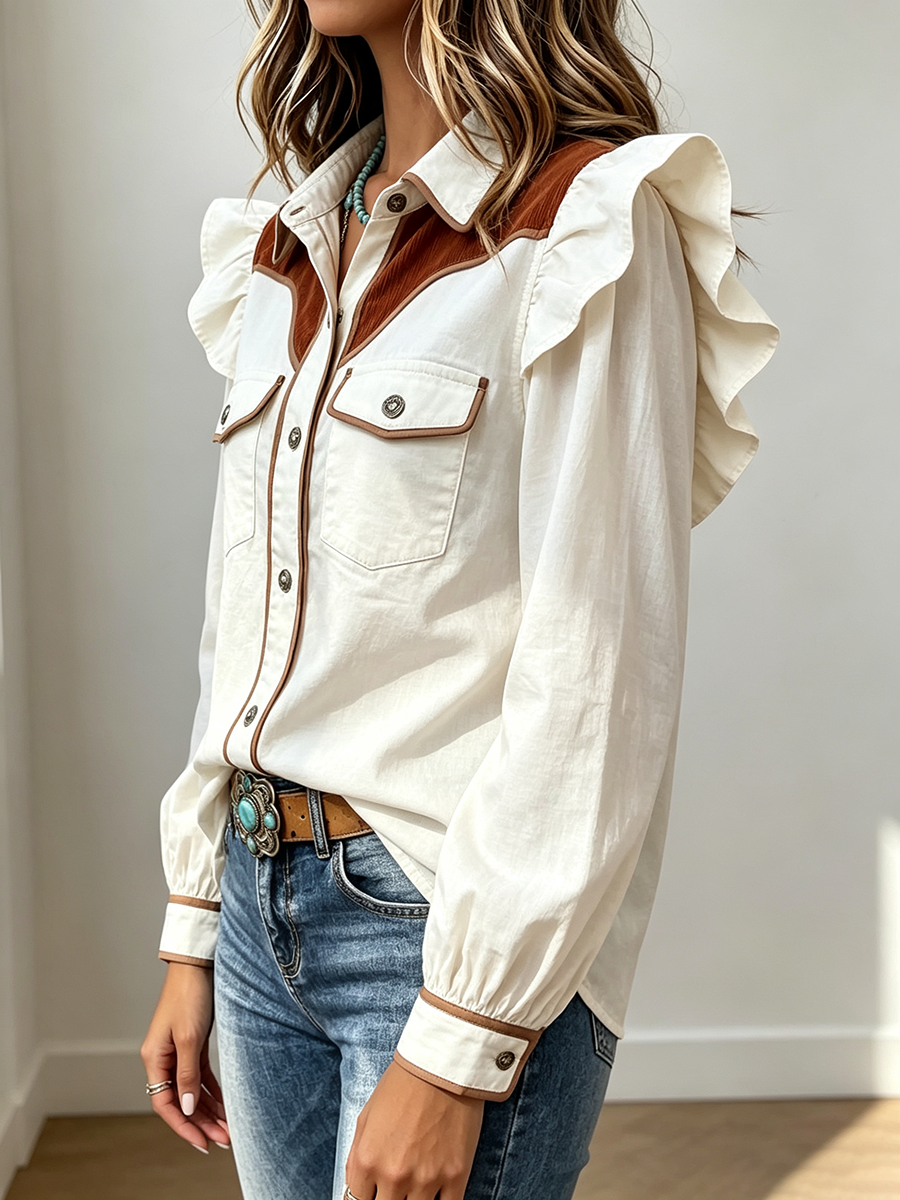 Chic Fall Western Vibe Ruffle Trim Corduroy Patchwork Blouse