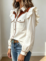Chic Fall Western Vibe Ruffle Trim Corduroy Patchwork Blouse