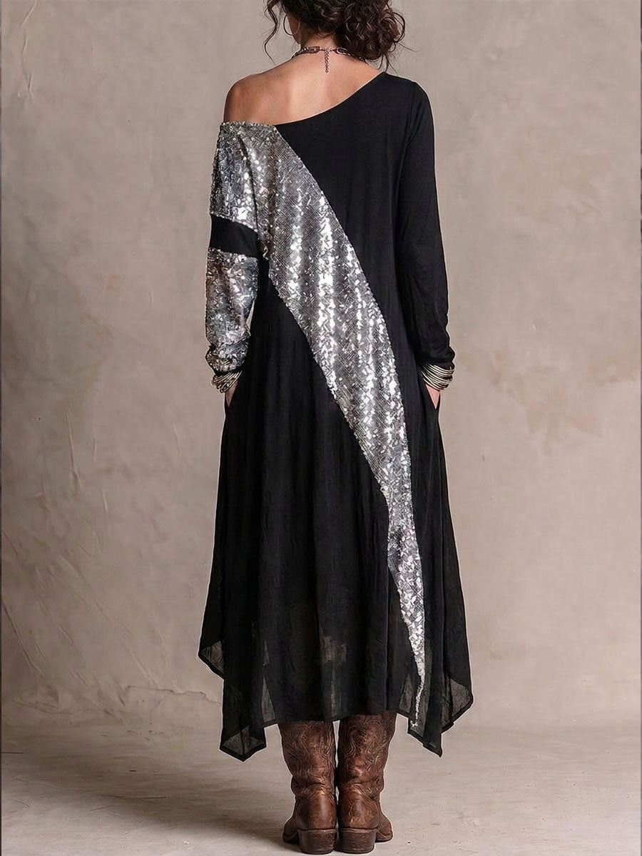 Women's One-shoulder Neckline Long-sleeved Casual Loose Sequin Patchwork Dress