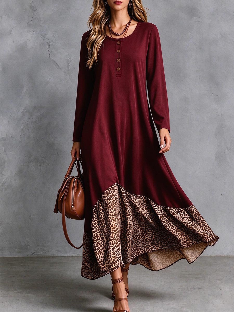 Women's Long Sleeve Black Maxi Dress With Leopard Print Ruffle Hem.