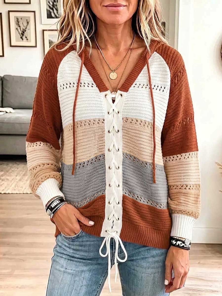 Women's Color-blocked V-neck Long-sleeved Casual Loose Hooded Knit Pullover
