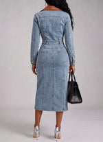 Stylish Casual Denim Midi Dress With Leather Collar