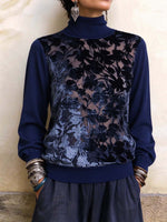 Elegant Navy Blue Turtleneck Sweater With Sheer Floral Velvet Panel