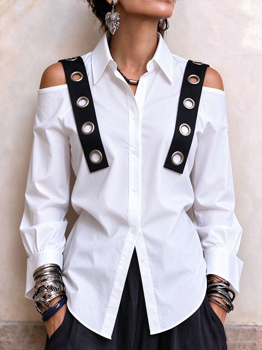 Women's White Cold Shoulder Button-down Shirt With Grommet Straps