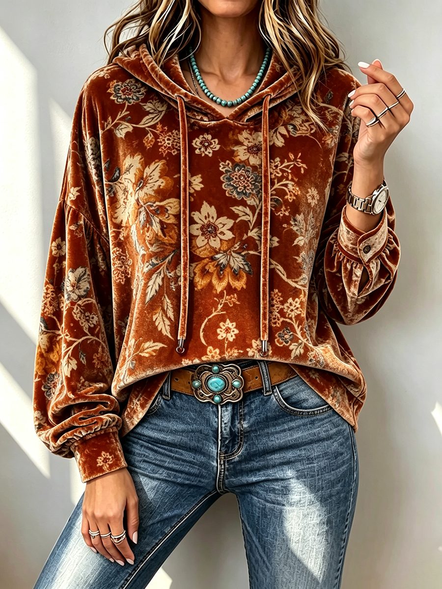 Cozy Fall Velvet Floral Hooded Sweatshirt