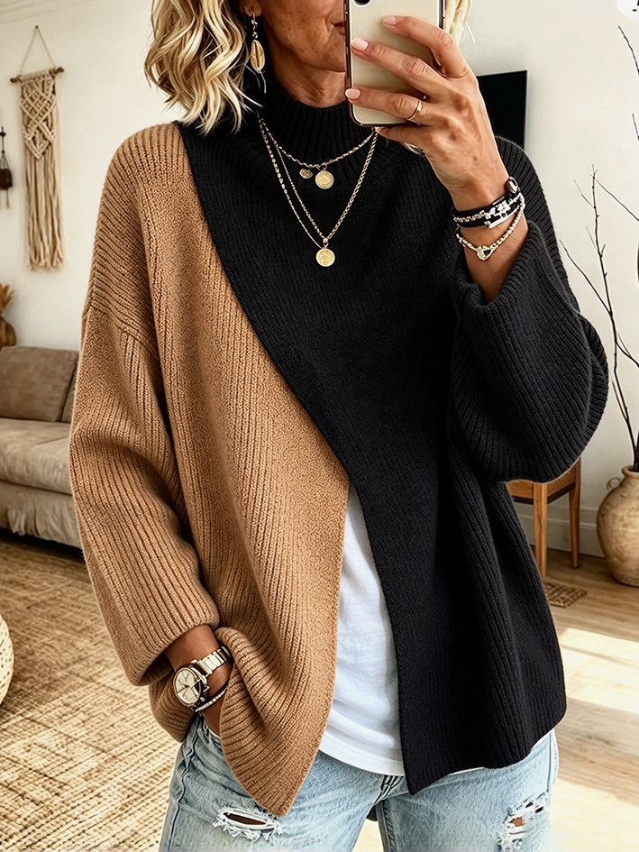 Casual Stylish Colorblock Ribbed Turtleneck Sweater