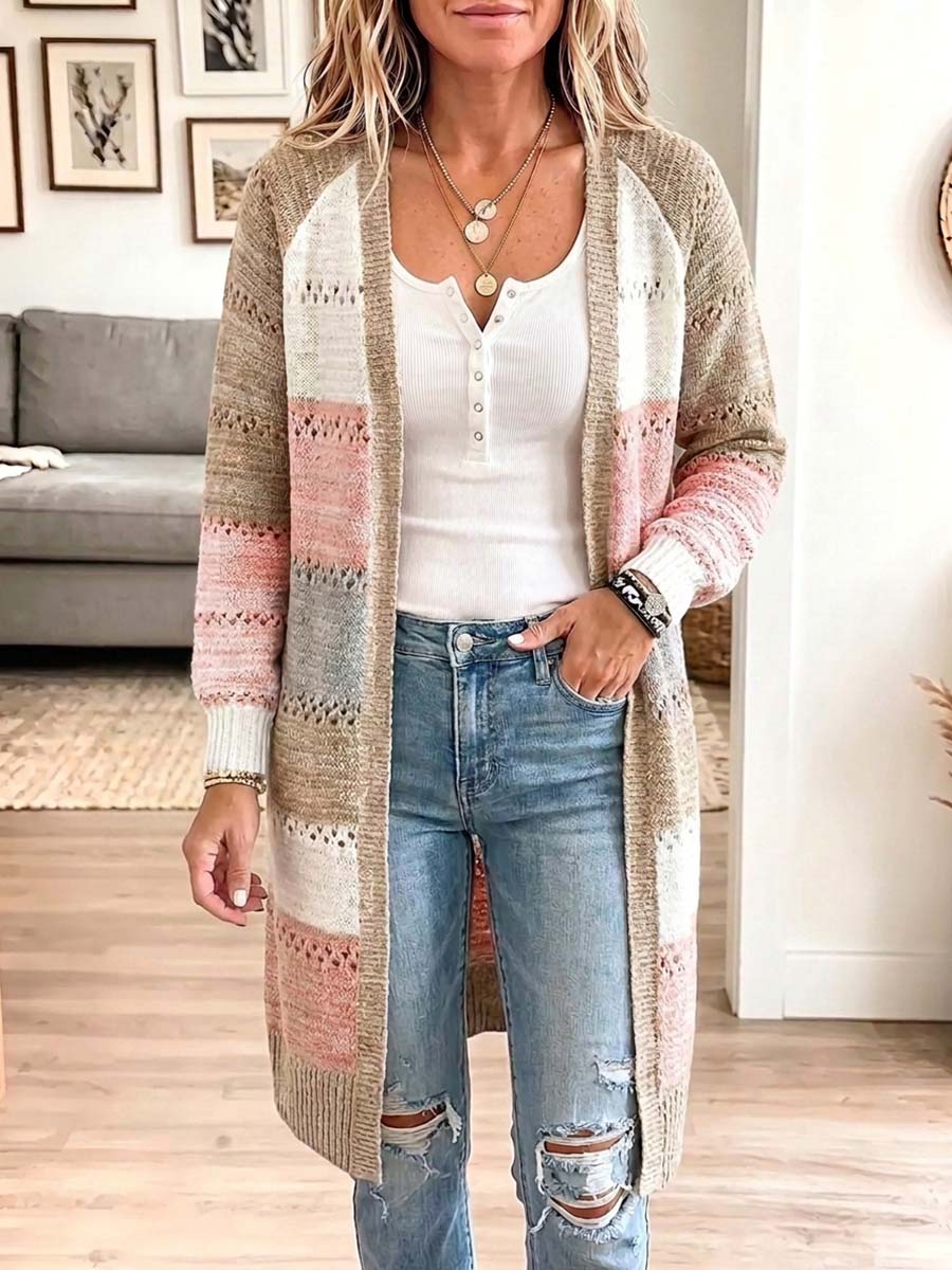 Women's Striped Color-blocked V-neck Long-sleeved Casual Loose Knitted Long Coat