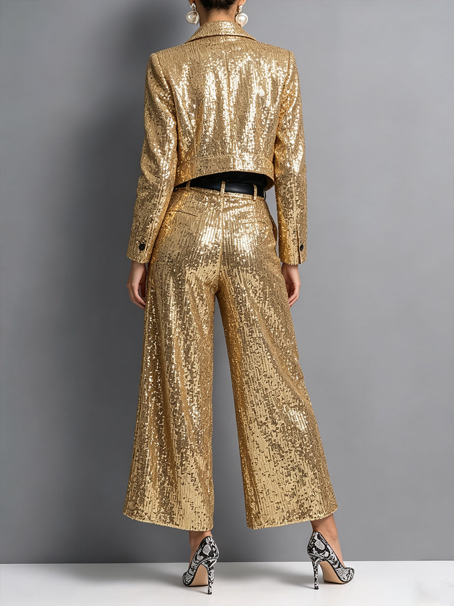 Chic Gold Sequin Sparkle Wide-Leg Trousers