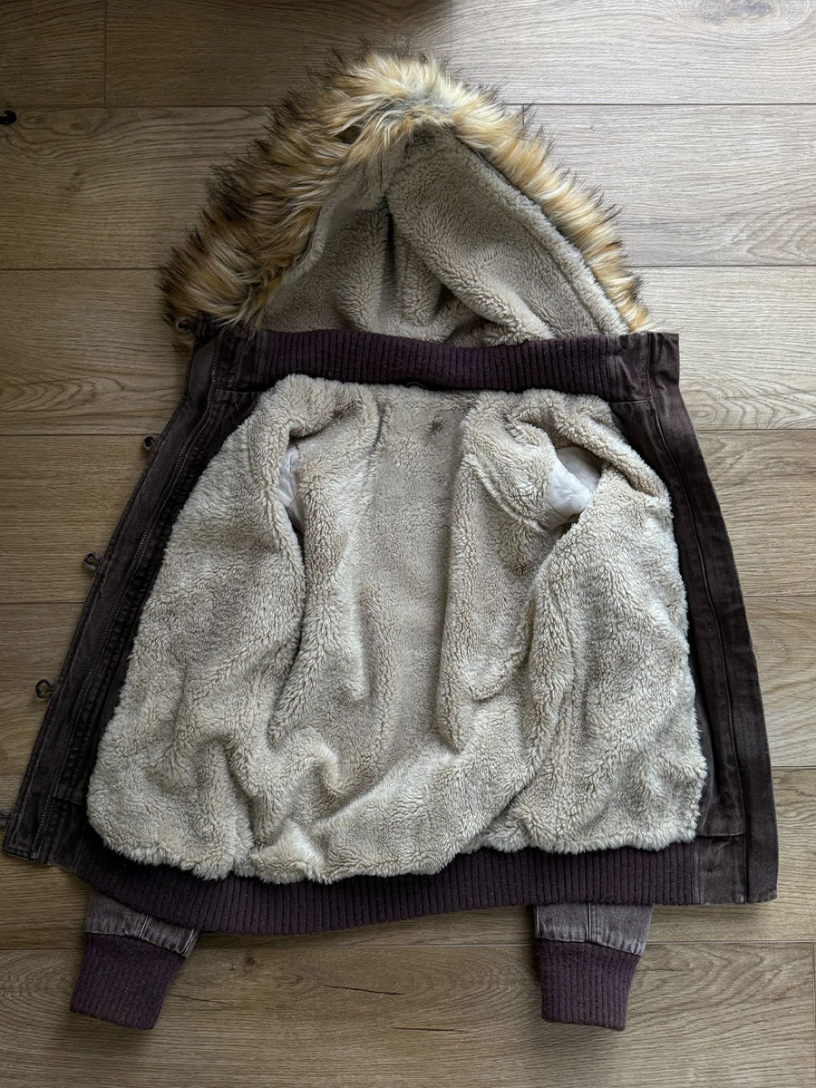 Casual Faux Fur-trimmed Hooded Bomber Jacket With Faux Shearling Lining